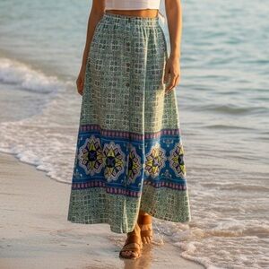 True Destiny Boho Maxi Skirt Ethnic Indian Print Blue & Green Size S